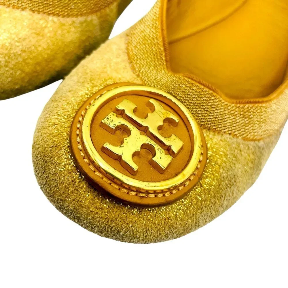 Tory Burch Caroline Sparkling Gold Beige Ballet Flats Sz 6M